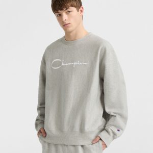 REVERSE WEAVE CREWNECK SWEATSHIRT, WHITE VINTAGE SCRIPT LOGO