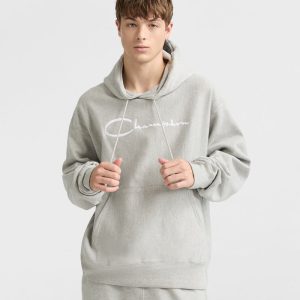 REVERSE WEAVE HOODIE, WHITE VINTAGE SCRIPT LOGO